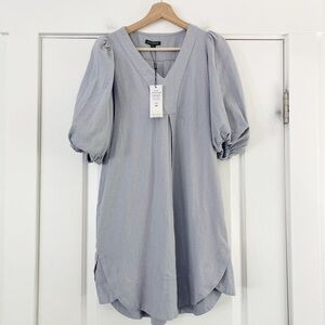 For Cynthia Linen Blend Puff Sleeve Dress Blue/Gray - XS
